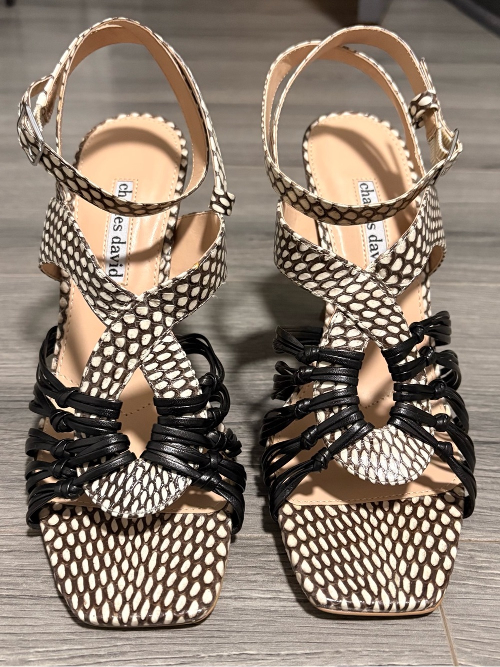 NWOT Charles David Leather Black and White Patterned Strappy Heels